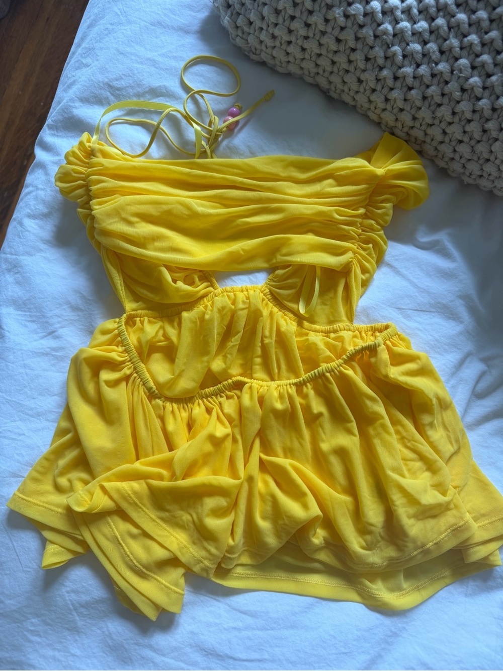 STAUD Lizzie Bright Yellow Ruched Spaghetti Strap Halter Top - Picture 4 of 7